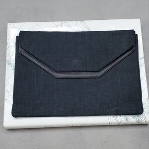 Vintage Italian Genuine Leather/ Linen Envelope Clutch Handbag, Black, EUC